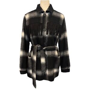 Mother The Fringe Patch Coat in Line 'Em Up Plaid Brushed Flannel Jacket Large